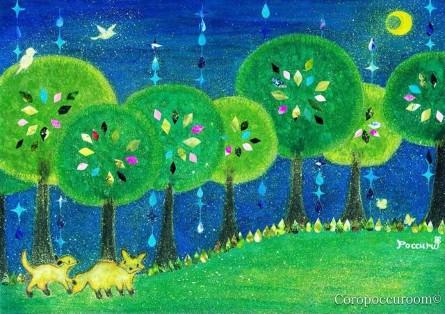 ふたりで歩くと、ちょっぴりうれしくなる月夜。
＾#貼り絵 #顔彩 #色鉛筆
